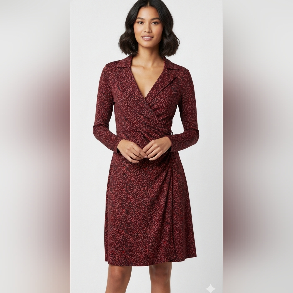 Express Dress Red Black Faux Wrap Retro Grunge Office Goth 9/10